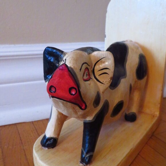 Vtg Hand Carved Pig Boar Potbelly Hog Folk Art Solid Wood Sculpture book end fig - Picture 2 of 10